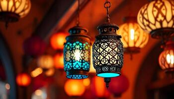 Middle eastern style lanterns hanging against a warm, blurred background with bokeh lights 1 photo