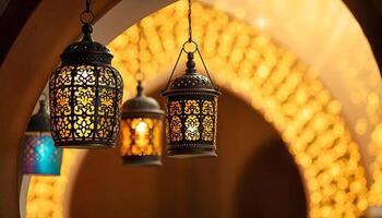 Artisan Middle Eastern style lanterns hanging in an archway, with intricate metalwork, against a warm, blurred background with soft golden bokeh lights photo