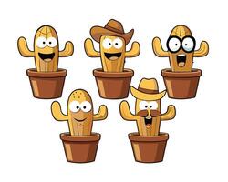 Funny cartoon cactus characters in colorful pots having fun together vector