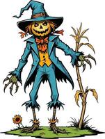 Scarecrow with pumpkin head stands in cornfield vector