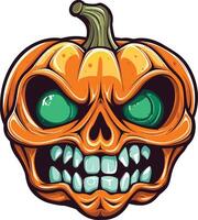 Creepy pumpkin head with skull features and glowing eyes vector