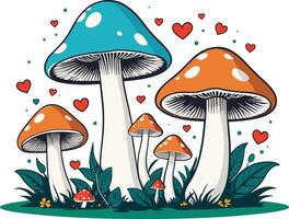 Colorful mushrooms with hearts in a whimsical forest setting vector