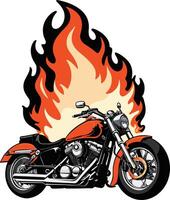 Motorcycle engulfed in flames in an urban setting vector