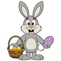 Charming cartoon easter bunny with a colorful basket of eggs vector