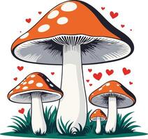 Colorful mushrooms surrounded by hearts in a whimsical setting vector
