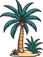 Palm tree in a tropical setting with lush green foliage vector