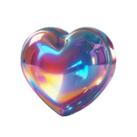 3D chrome element in Y2K style, isolated background, liquid holographic metal. A heart made of glass with a rainbow of colors. png