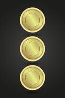 Three stylized golden button with a metallic shine, showcasing a minimalist design. The dark backdrop enhances the cois glowing appearance, symbolizing wealth, success. vector