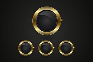 Set Luxury Button Design, an elegant button-like structure with a deep black core and a polished gold border. The shine on the frame and the starburst accent convey. vector