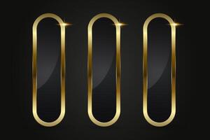 Threesleek, rounded rectangular button with a reflective black surface, bordered by a polished gold outline and accented with a golden glow. vector