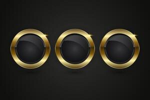Three collection of Luxury Buttons Design, Three elegant circle buttons, structure with a deep black core and a polished gold border. The shine on the frame vector