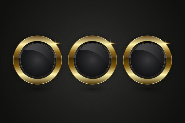 Three collection of Luxury Buttons Design, Three elegant circle buttons, structure with a deep black core and a polished gold border. The shine on the frame
