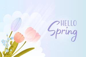 Hello Spring. Postcard, banner, poster with spring flowers, cartoon style. vector