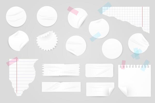 realistic illustration set of white round and rectangular stickers, clip art, paper pieces