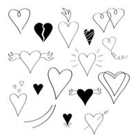 Doodle with different hearts, burning, flying and broken. Hand drawn set with different emotional symbols of love and expression of feelings. For Valentine's Day, congratulations, card, print vector