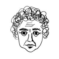 Hand drawn casual sketch of an adult man with curly hair on an isolated background. Illustration portrait of abstract person in grange style. Emotions and Lifestyle, calm face, character vector
