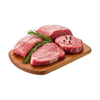 Assorted raw meat cuts arranged on a board, garnished with fresh herbs for enhanced flavor. png