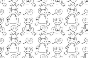 Seamless black-and-white pattern featuring happy frogs, a frog prince with a crown, and lily pads, perfect for coloring. vector