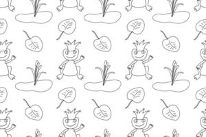 Black and white seamless pattern featuring frogs with crowns, ponds, lily pads, and reeds for kids coloring fun. vector