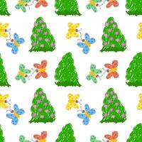 Bright seamless pattern showcasing colorful hand-drawn butterflies with polka dots flying around vibrant green bushes. vector