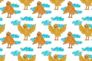 Colorful seamless pattern with hand-drawn birds and fluffy clouds. Perfect for kids projects and decor. vector