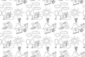 Black-and-white seamless pattern featuring a house, trees, a frog prince near a pond, fish, and sun for coloring. vector