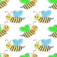 Colorful seamless pattern with hand-drawn bees featuring vibrant green and blue wings and striped bodies. vector