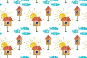 Playful seamless pattern featuring hand-drawn birdhouses with red roofs, fluffy clouds, and bright yellow suns on white. vector