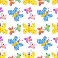 Vibrant seamless pattern featuring colorful hand-drawn butterflies with polka dots on a white background. vector