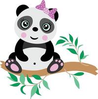 Cute panda girl with bow sitting on a tree branch vector