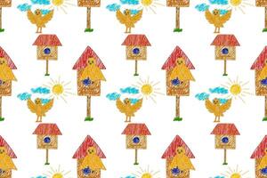 Hand-drawn seamless pattern featuring colorful birds, birdhouses, suns, and clouds on a white background. vector