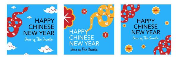 Set of modern Happy Chinese New Year greeting with snakes illustration on blue background for sicial media, banner, poster and card. vector