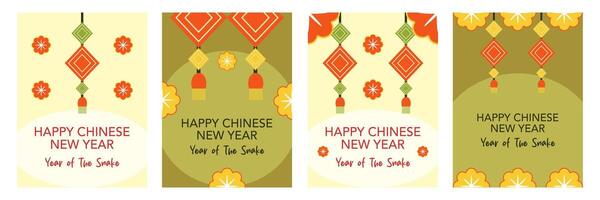 Set of Happy Chinese New Year greeting with asian elements illustration on green and bright background for banner, poster and card. vector