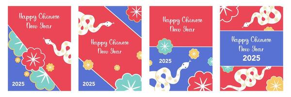 Set of creative Happy Chinese New Year greeting with snakes illustration on red and blue background for banner, poster and card. vector