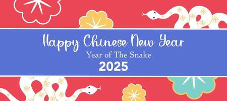 Happy Chinese New Year with white snake and flowers illustration on red background for banner, poster and greeting card. vector