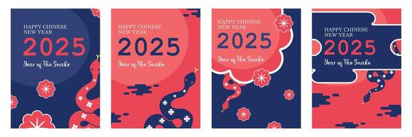 Set of Happy Chinese New Year greeting with snakes illustration on red and blue background for banner, poster and card. vector