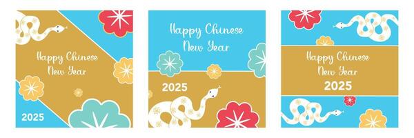 Set of Happy Chinese New Year greeting with snakes illustration on blue and gold background for banner, poster and card. vector