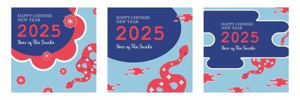 Set of Happy Chinese New Year greeting with snakes illustration on blue background for social media, banner, poster and card. vector