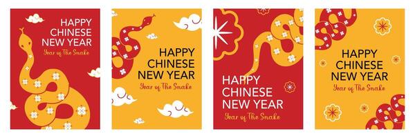 Set of Happy Chinese New Year greeting with snakes illustration on red and orange background for banner, poster and card. vector