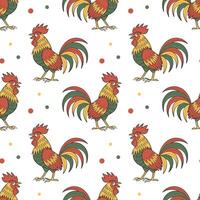 Seamless pattern with bright roosters on a white background. Colored background, print vector