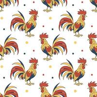 Seamless pattern with bright roosters on a white background. Colored print vector