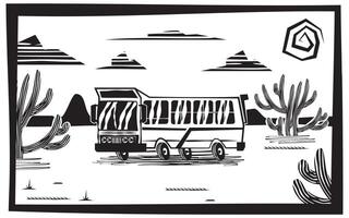 Illustration in cordel style showing a bus traveling along a road in the backlands of the Northeast. Woodcut art with rustic features, portraying the arid and cultural landscape of rural Brazil vector