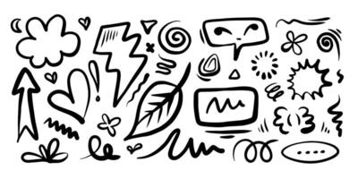 leaves, hearts, abstract, ribbons, arrows and other elements in hand drawn styles for concept designs. Doodle illustration. template for decoration vector