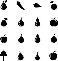 Fruit icons set featuring apples, pears, and citrus slices in minimalist black and white style vector