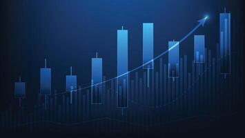 candlesticks and bar chart on blue background with arrow up vector