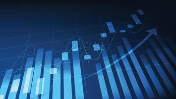 bar graph and stock market candlesticks with arrow up on blue background vector