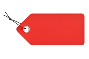 A blank red price tag mockup with a string and metal eyelet png