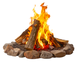 A crackling campfire with dancing flames surrounded by a ring of rocks png