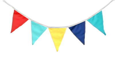 A colorful bunting with red, turquoise, yellow, and blue triangular flags hanging from a white string png