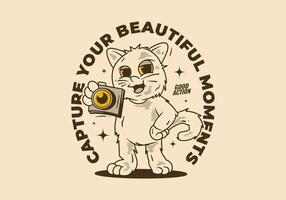 Capture your beautiful moment. Mascot character of a standing cat holding an pocket camera vector